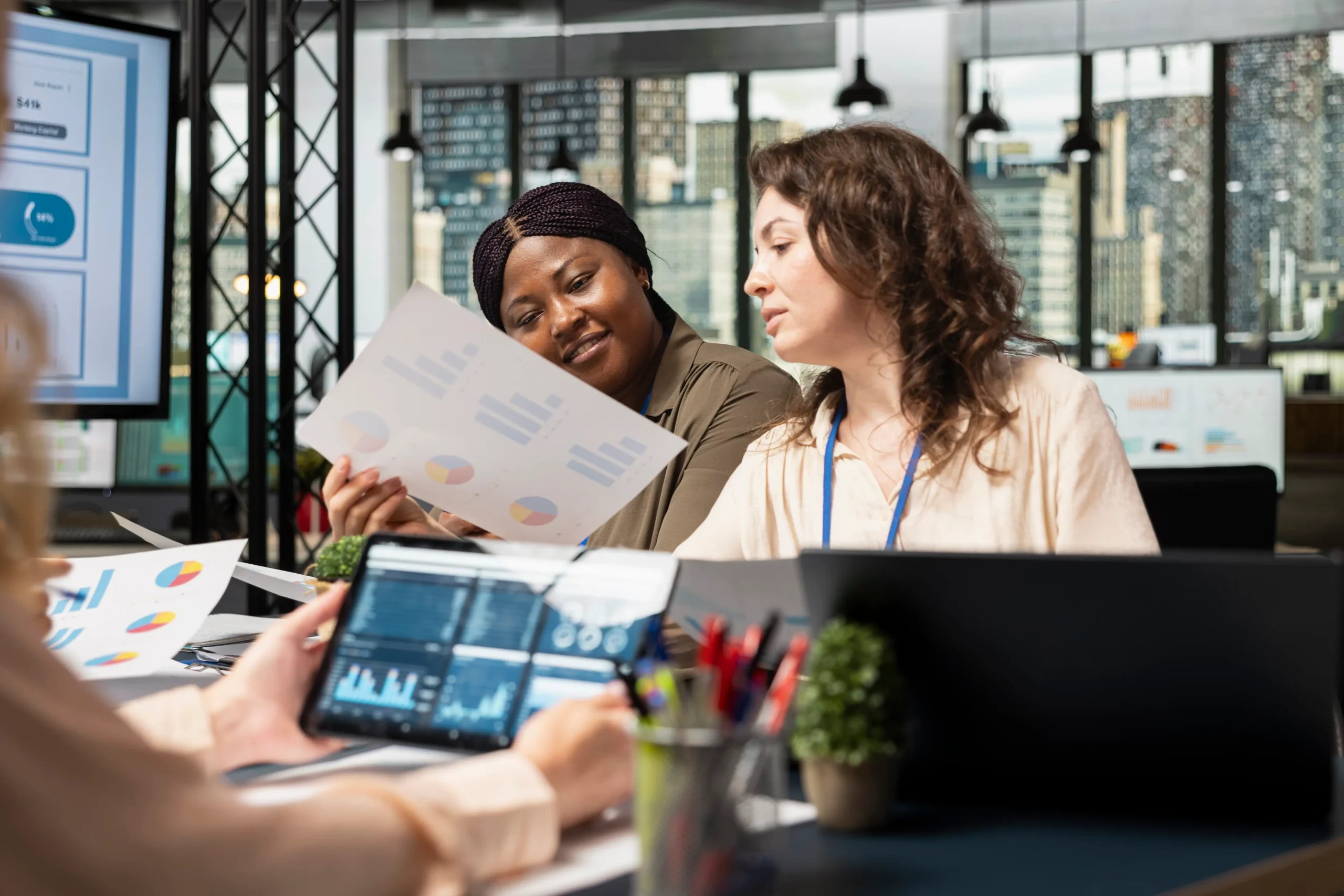 group business associates meeting boardroom align performance goals with project indicators